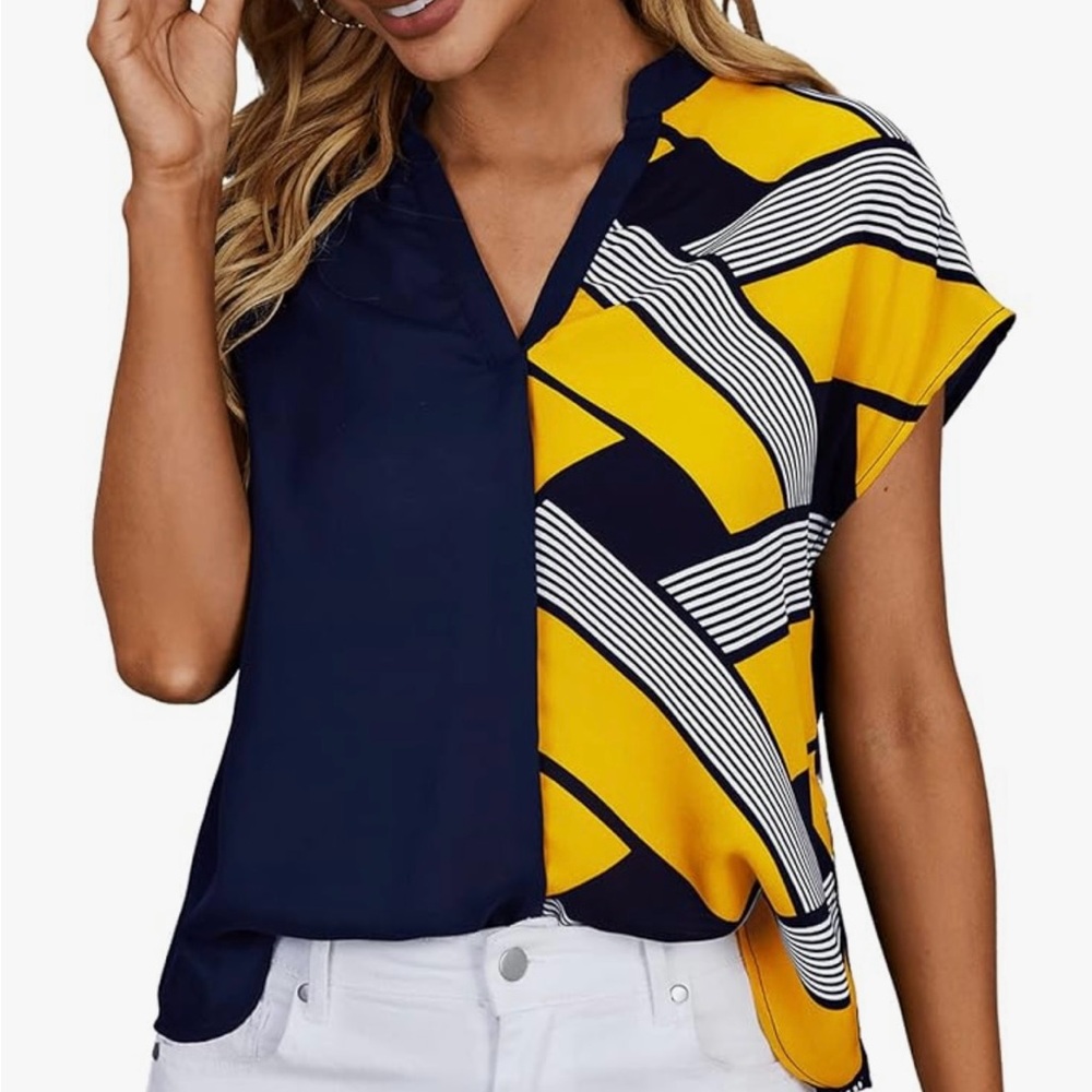 ROMWE Navy and Yellow/Gold Geometric Blouse